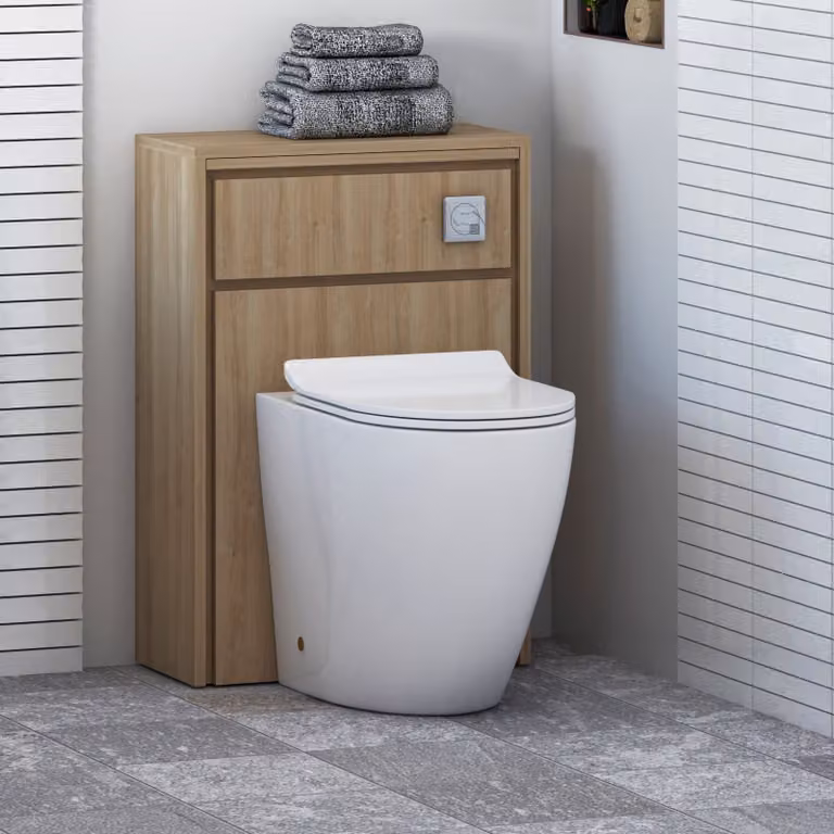 Livora Natural Oak Wall Mounted WC Unit with Elva Rimless Short Projection Ceramic Toilet Pan, Slim Soft Close Seat and Cistern, Width: 55.5 cm