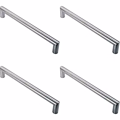 Loops 4 Pack Mitred Round Bar Pull Handles in Brushed Silver Stainless Steel, 10.6 cm x 1 cm, 96 mm Fixing Centres