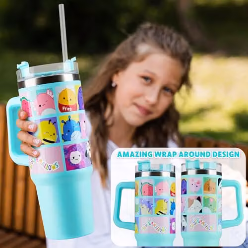 Squishmallows Insulated Bradley Travel Mug with Straw and Handle, Blue, 840ml – 4