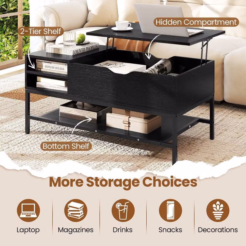 Costway Modern Rectangular Lift Top Coffee Table with Storage Shelf in Black – 10