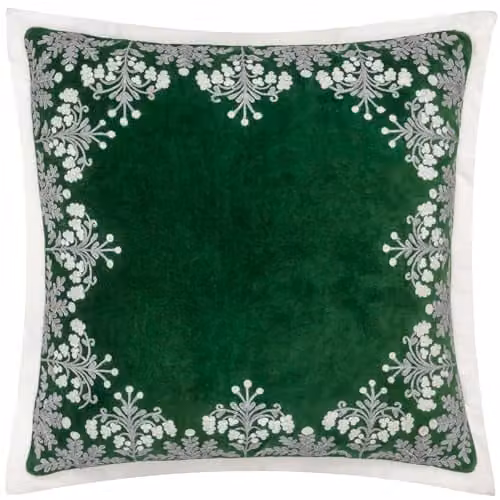 Paoletti Winter Bloom Floral Embroidered Cotton Velvet Cushion, Green, W/D/H: 50 x 50 x 50 cm