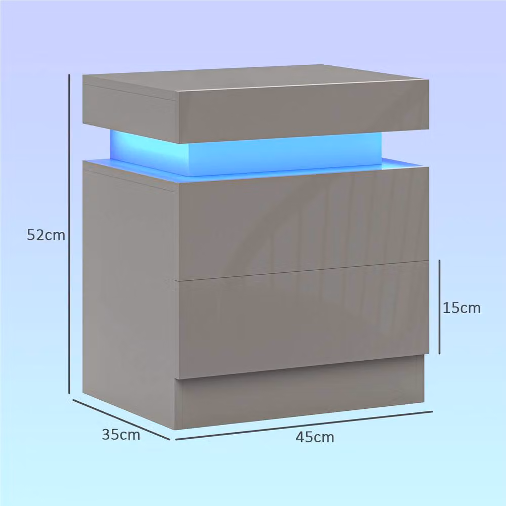 STILVORA Grey Glossy Bedside Table with Integrated LED Lights and 2 Drawers – 2