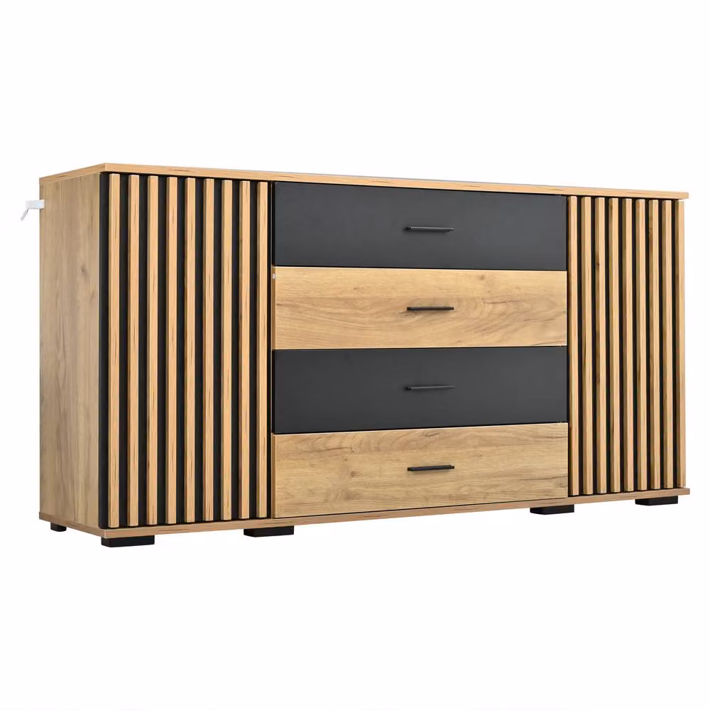 Merax Modern Oak and Black Slatted Sideboard with 2 Doors, 4 Drawers and Adjustable Shelves – 7