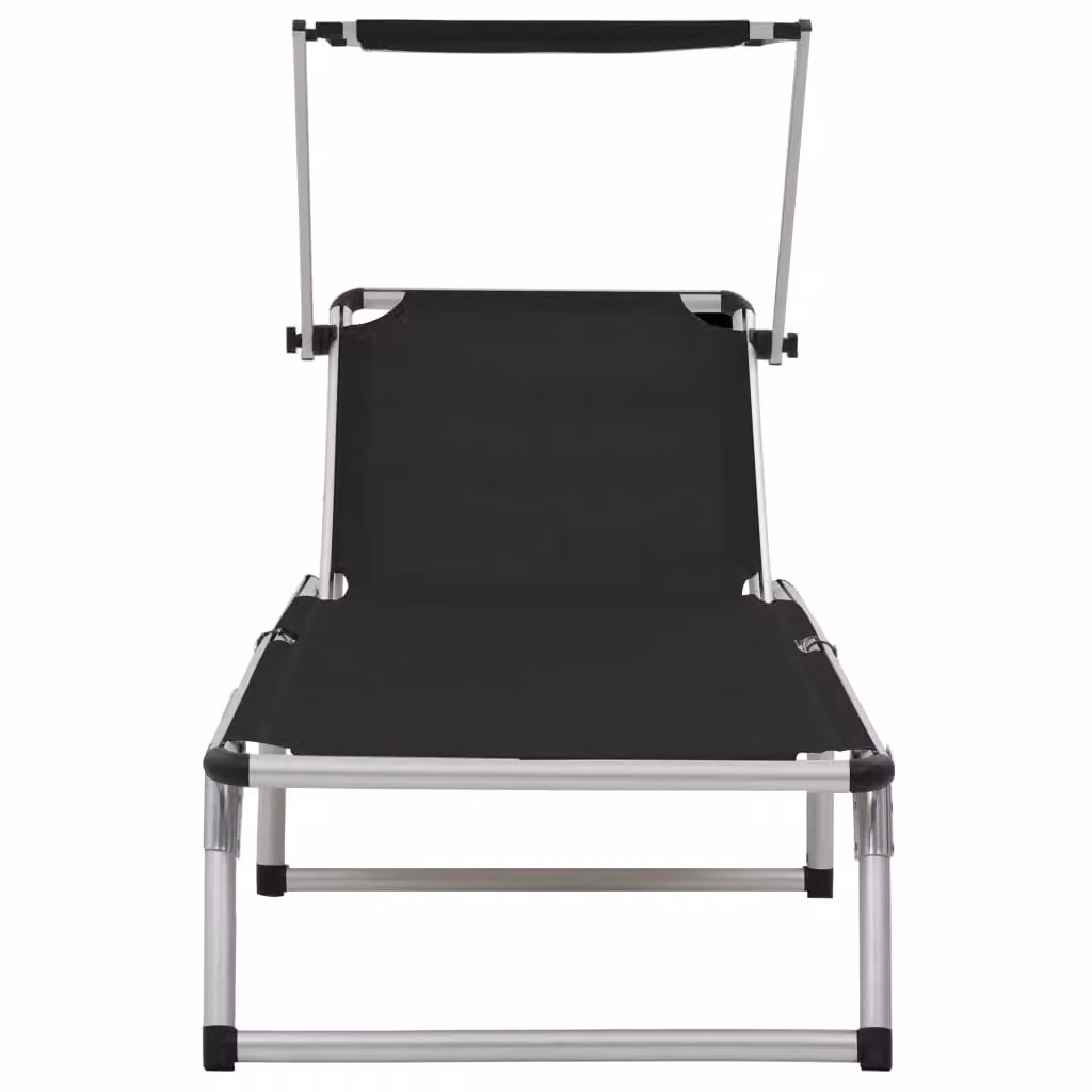 Berkfield Home Set of 2 Folding Sun Loungers with Sun Canopy and Adjustable Headrest in Black Powder Coated Aluminium and Textilene – 3