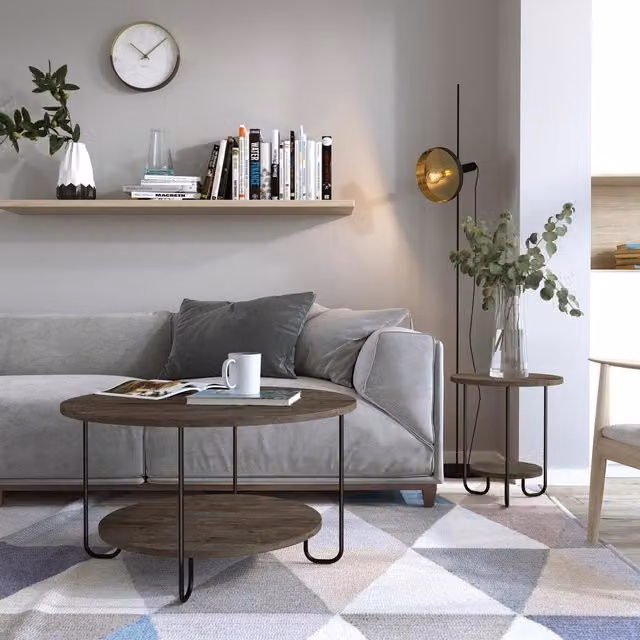 FWStyle 2 Tier Round Modern Coffee Table in Dark Coffee with Scratch Resistant MDF Laminate Finish