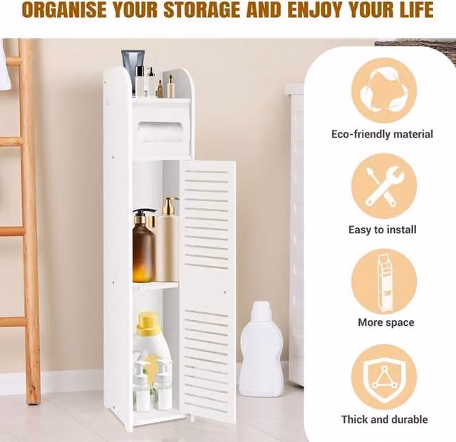 SPETLEK White Waterproof Freestanding Bathroom Storage Cabinet with Roll Shutter Doors and Internal Shelves