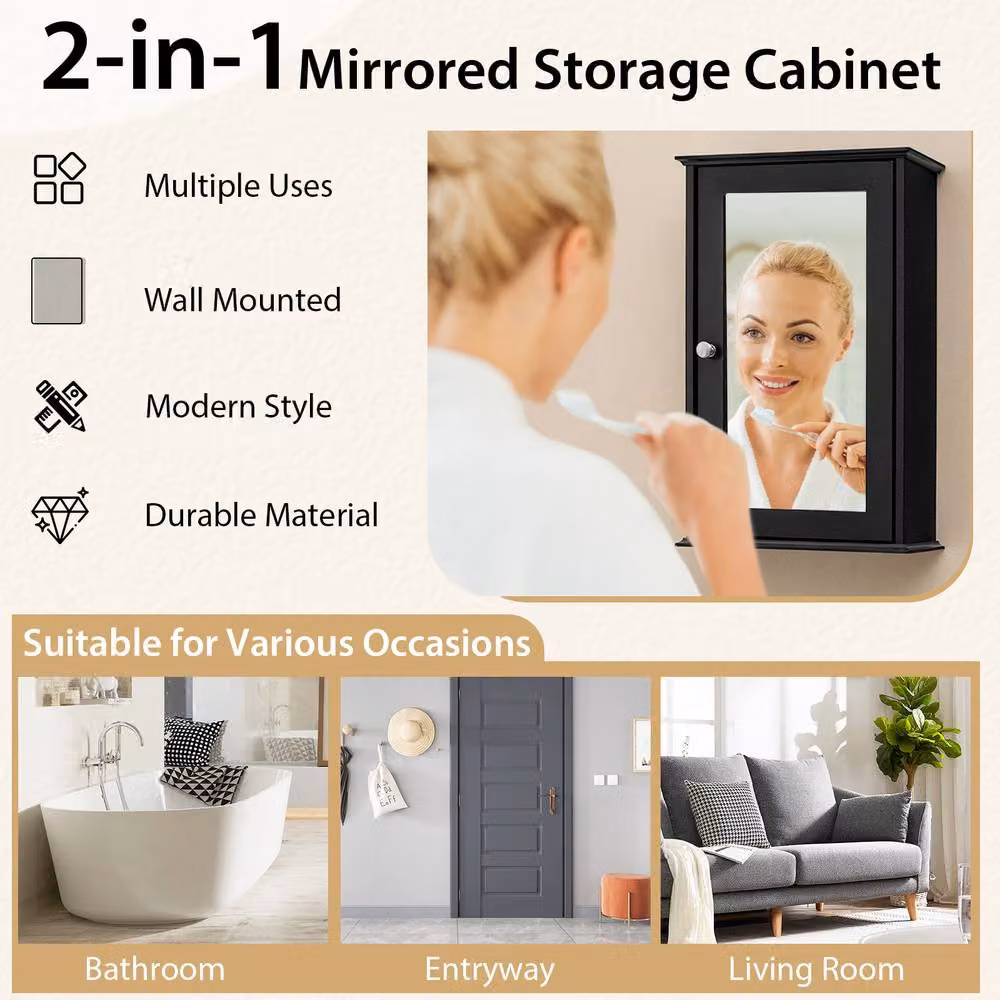 Gymax Black Lacquered Wall Mounted Medicine Cabinet with Mirror and Internal Shelves – 6