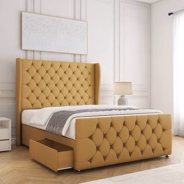 BSSPOKE Anna Plush Velvet Small Double Divan Bed with 54 inch Headboard and 2 Drawers in Mustard Yellow, W/D/H: 120 x 200 cm