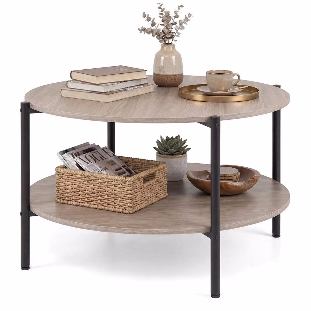 Hinsinc 2-Tier Industrial Round Coffee Table with Storage Shelf in Beige, W/D/H: 60 x 60 x 85 cm – 2