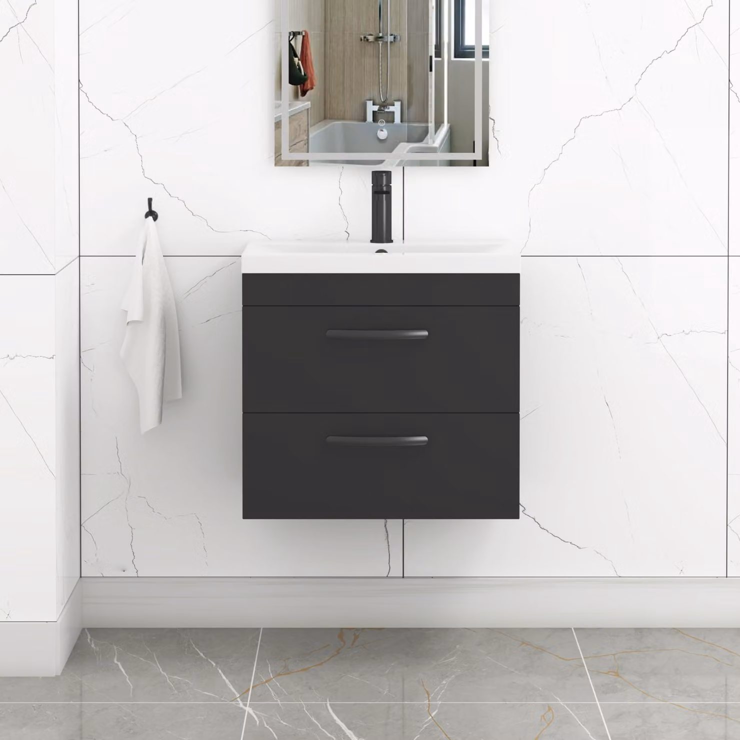 Royal Bathrooms Turin 600mm Wall Hung Vanity Unit in Matt Black with 2 Drawers and Mid-Edge Basin