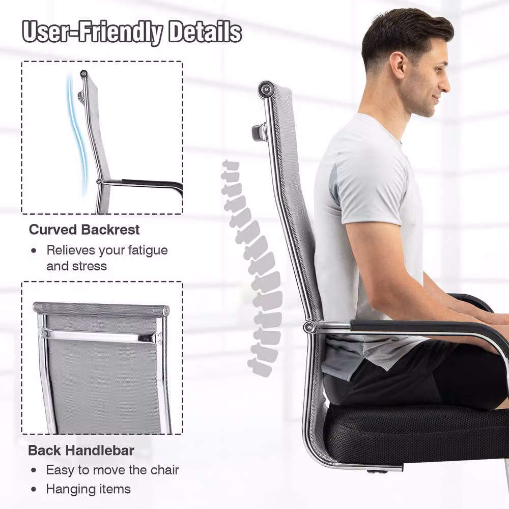 Gymax Set of 2 Grey Fabric Meeting Room Conference and Office Guest Chairs with Armrests – 4