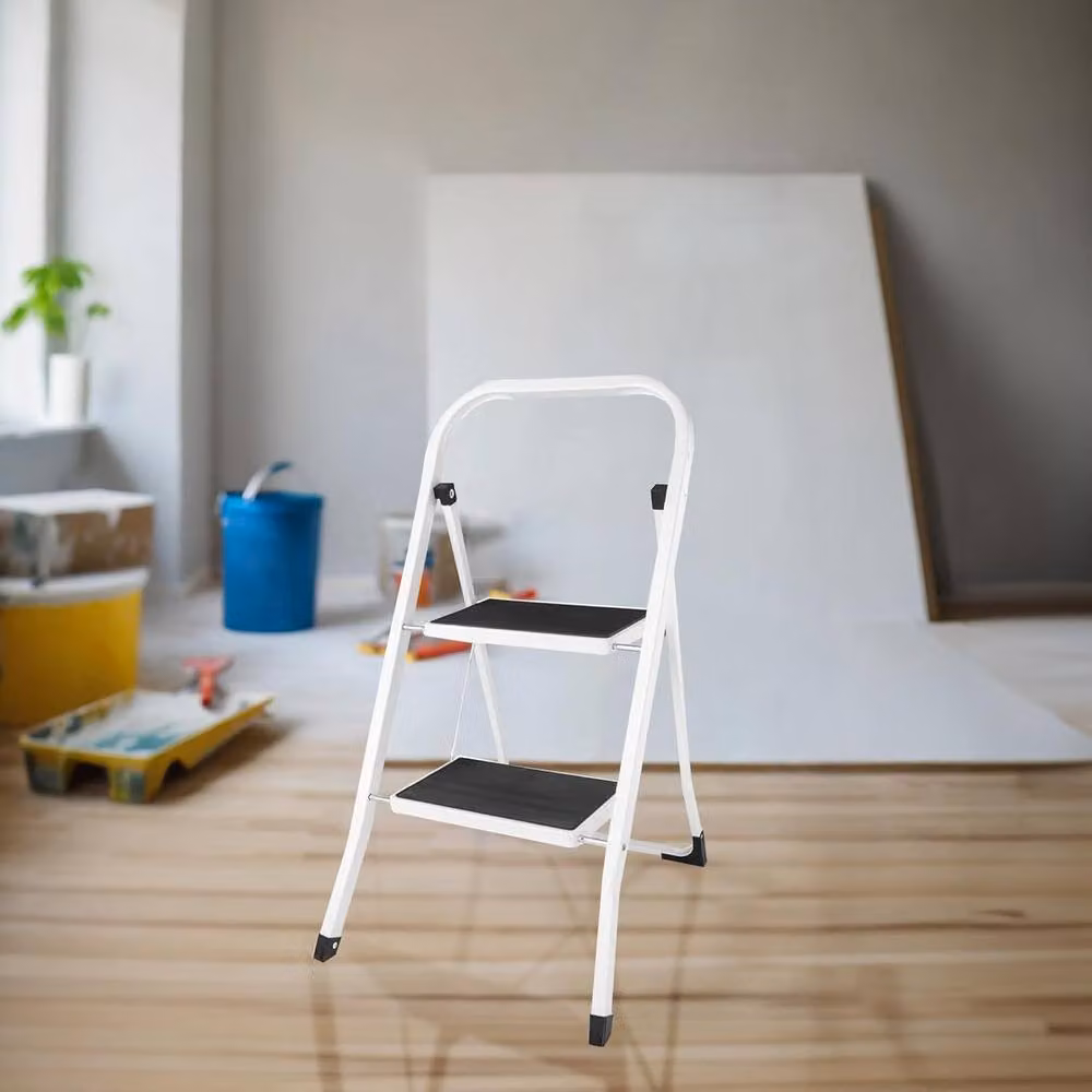 BARGAINS-GALORE 2 Step Foldable Steel Stepladder with Non-Slip Treads in White – 2