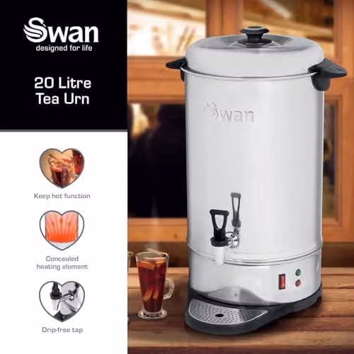Swan 20L Stainless Steel Tea Urn in Silver with Keep Warm Function and Drip-Free Tap, SWU20L – 2