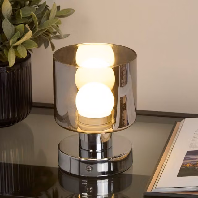 Lighting Collection Rechargeable Dimmable Tabletop Lamp with Chrome and Smoke Grey Glass Cylinder – 1