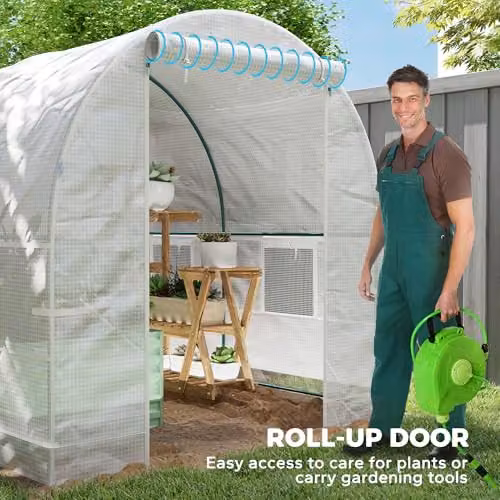 Outsunny White Reinforced Walk In Polytunnel Greenhouse with Galvanised Steel Frame and Roll Up Door, W: 2 m, D: 2.5 m – 3