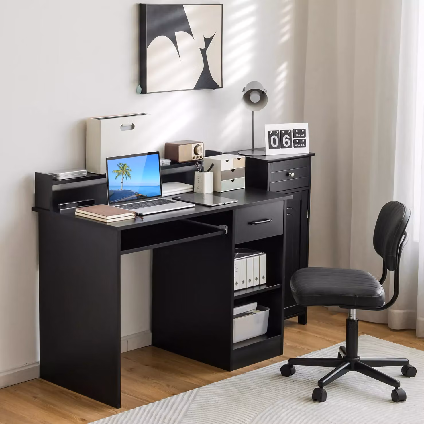 Costway Black Wooden Computer Desk with Keyboard Tray and Writing Workstation – 3