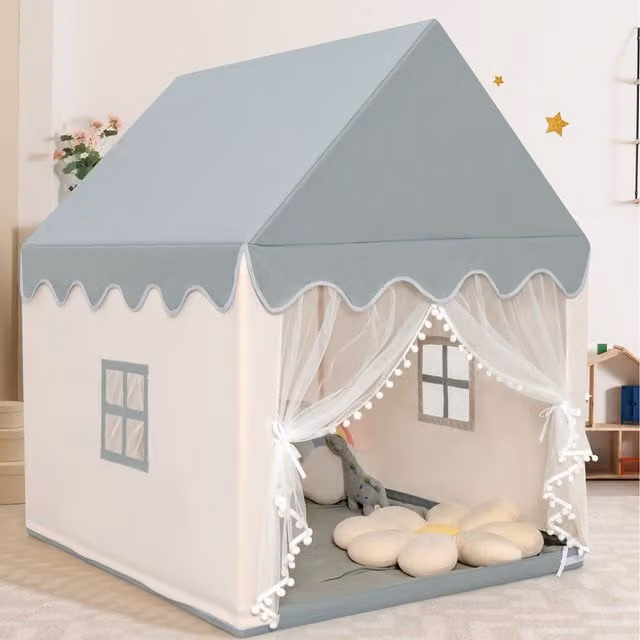 Costway Kids Play Tent Indoor Playhouse in White and Grey with Wood Frame