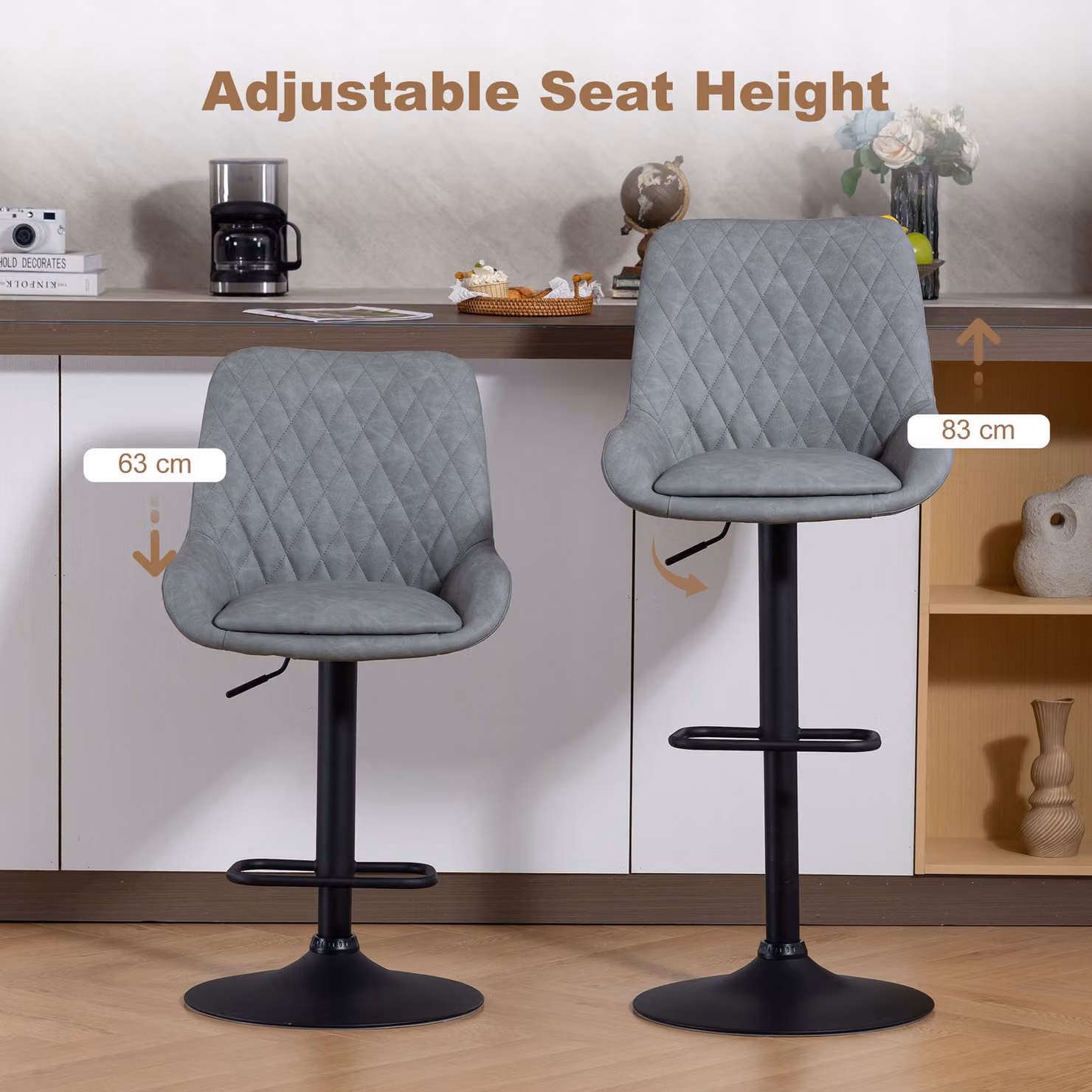 HOMCOM Set of Two Retro Faux Leather Swivel Bar Stools in Grey – 3