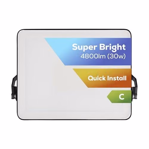 TCP 30W LED Outdoor Security Floodlight, 4800lm, 4000K Cool White, IP65 Waterproof, Black
