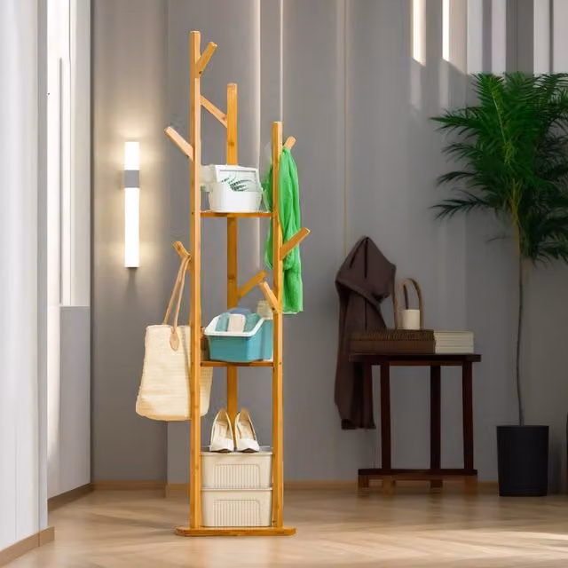 Rafaelo Mobilia Bamboo Coat Stand with 9 Hooks and 2 Shelves in Light Brown – 1