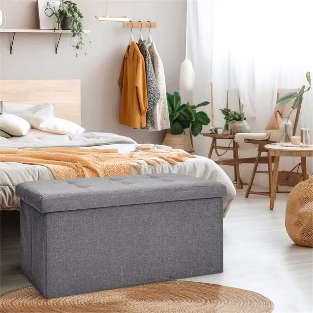 EONLION Grey Storage Seat Stool and Toy Chest with Padded Top, W/D/H: 76 x 50 x 38 cm – 1