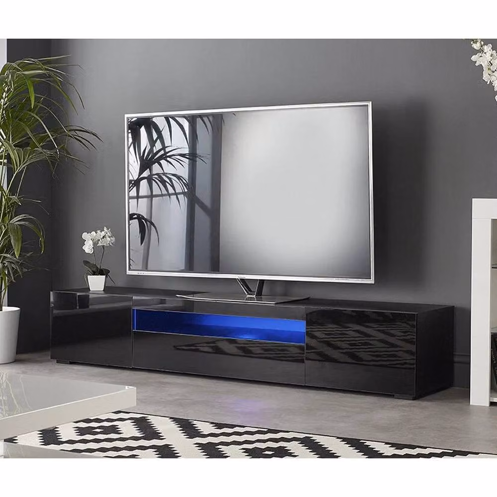 FORGEVIO Modern Black Glossy TV Stand Cabinet with Integrated LED Lights, 200 cm – 5