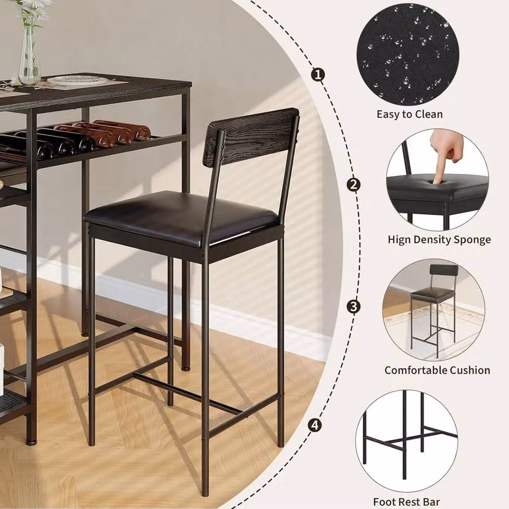 VOGREX 3-Piece Modern Square Dining Set with 2 Stools and Wine Rack in Black – 3