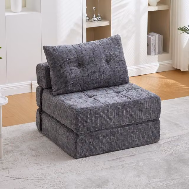Aosom Grey Chenille Convertible Floor Sofa Bed with Button-Tufted Detailing, W: 79 cm, D: 180 cm, H: 57 cm