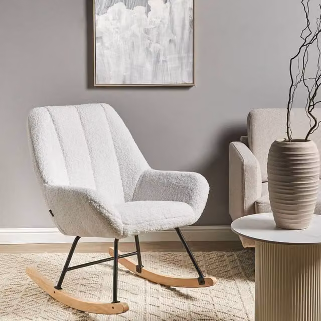 Wyld and Coco Off-White Boucle Rocking Chair with Black Metal Legs