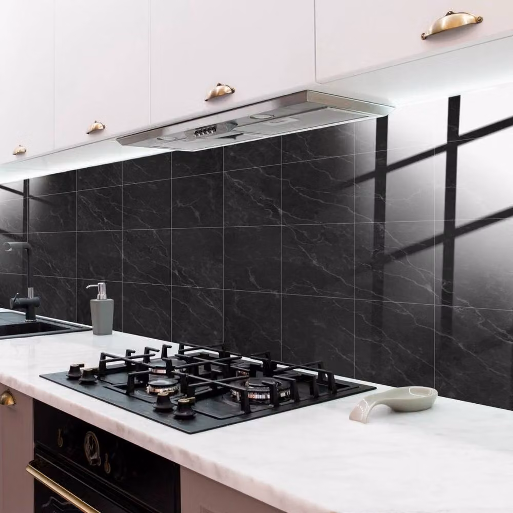 PAWNORA Dark Grey Marble Look Tile Stickers, Glossy Geometric Wall Decor, W: 15.24 cm, H: 15.24 cm – 3