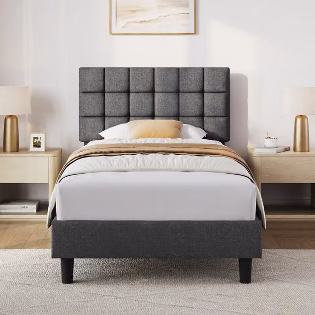 Yaheetech Modern Upholstered Bed Frame with Square Tufted Headboard in Grey Fabric and Metal