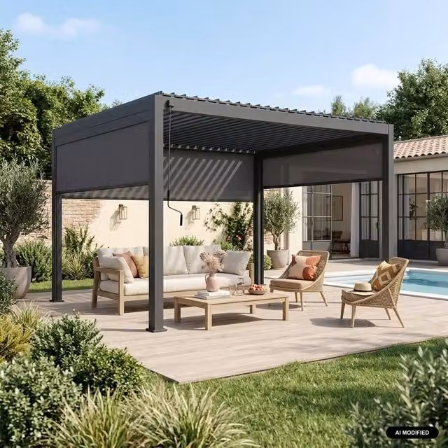 Sweekeet Aluminium Louvered Pergola in Dark Grey with 2 x 3m Blinds and 1 x 4m Blind, W: 4 m, D: 3 m – 1