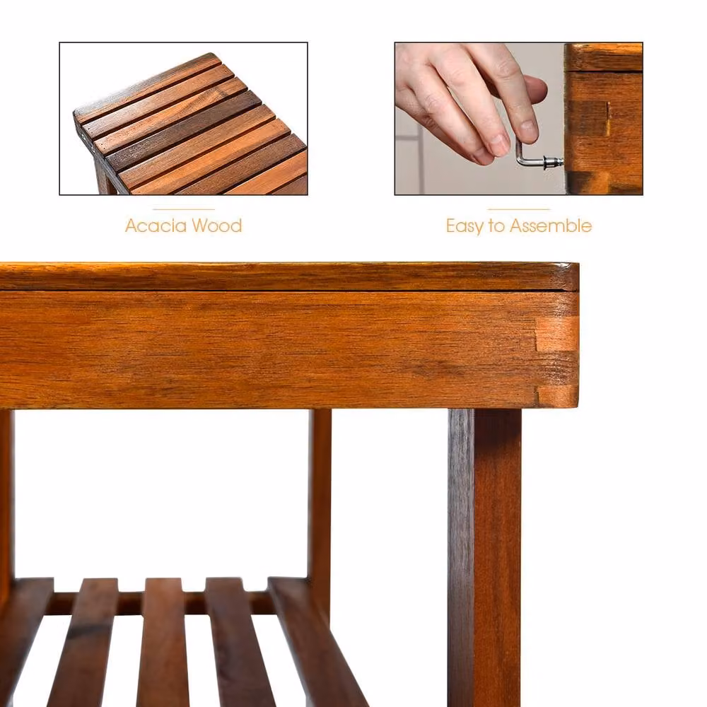 Costway Acacia Wood 3-Tier Shoe Rack Bench in Brown, W/D/H: 70 x 28 x 45 cm – 4