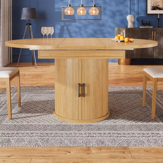 Aosom UK Extendable Round Dining Table with Hidden Leaf Storage in Natural Wood-Grain Finish, W: 118 cm, D: 118 cm, H: 76 cm