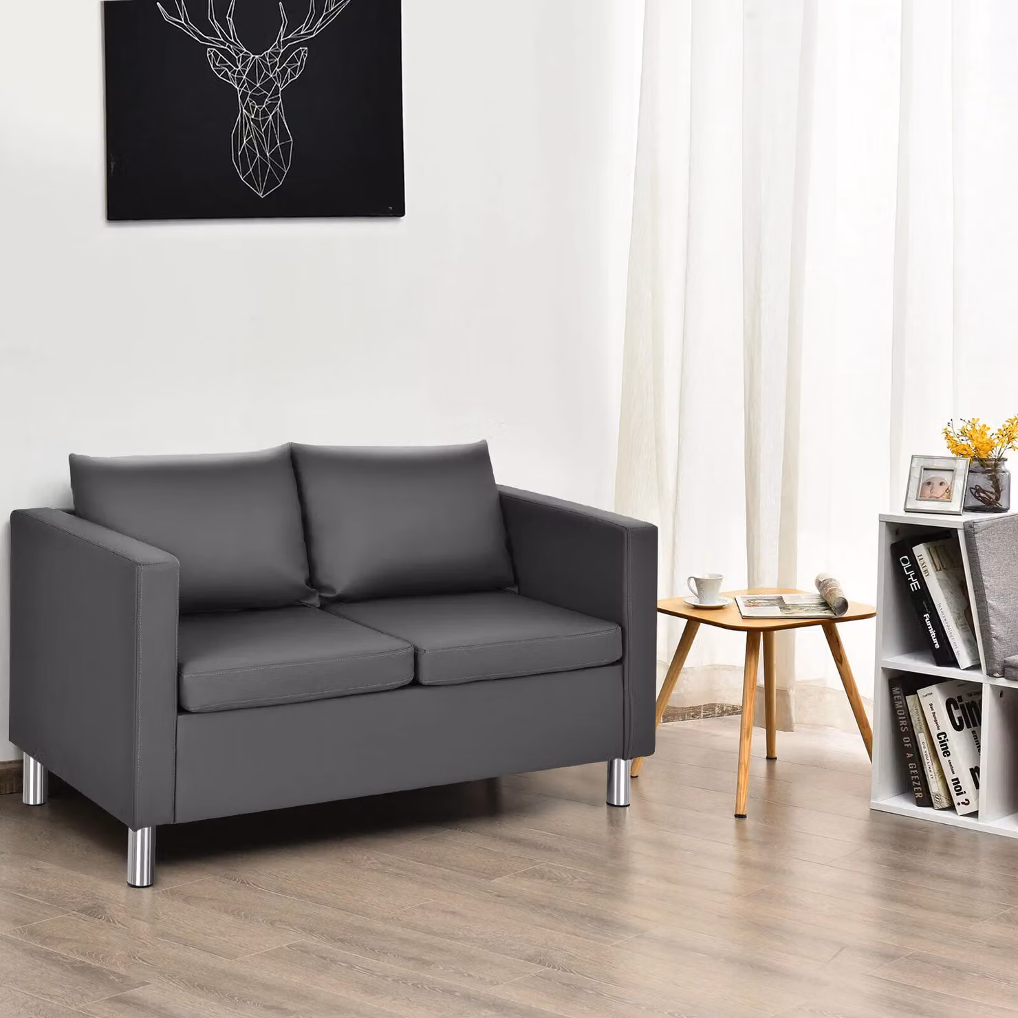 Gymax Modern 2 Seater Loveseat Sofa in Grey PU Leather – 5