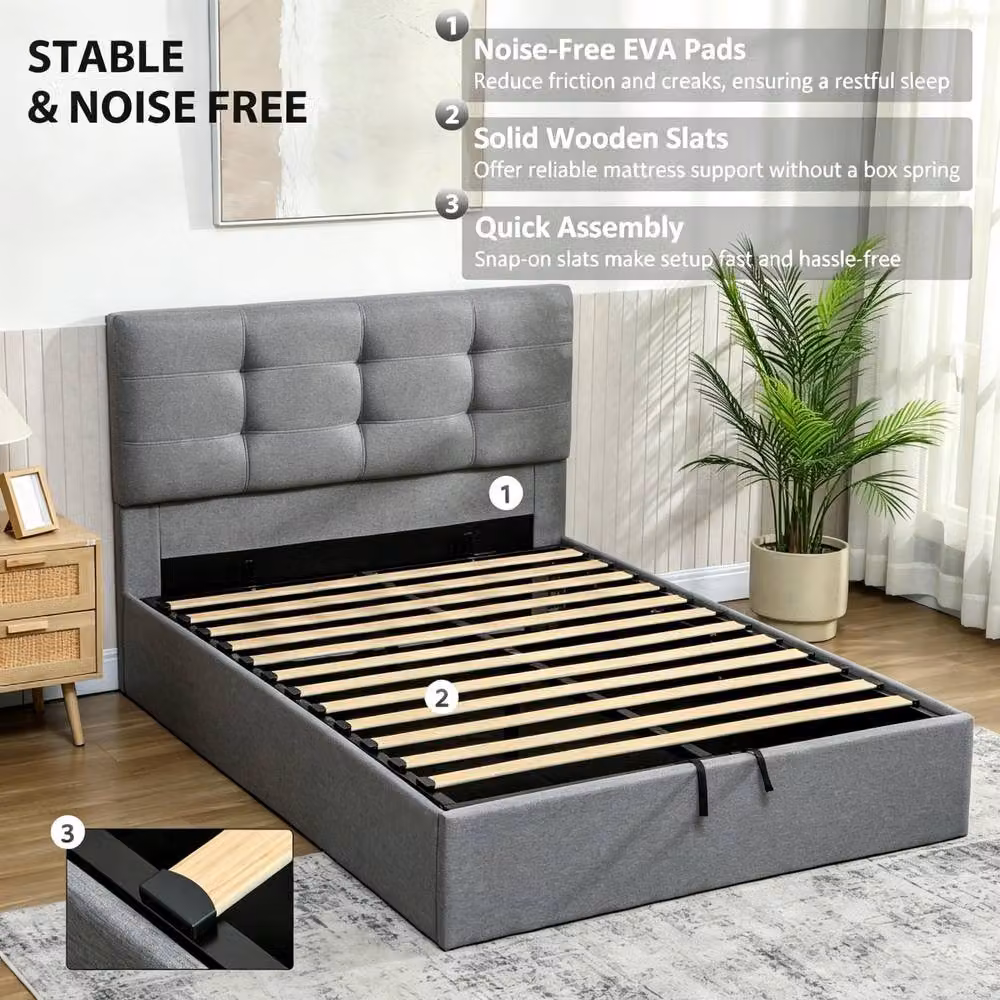 STILVORA Double Ottoman Bed with Storage in Grey Linen, W/D/H: 140 x 190 x 136 cm – 7