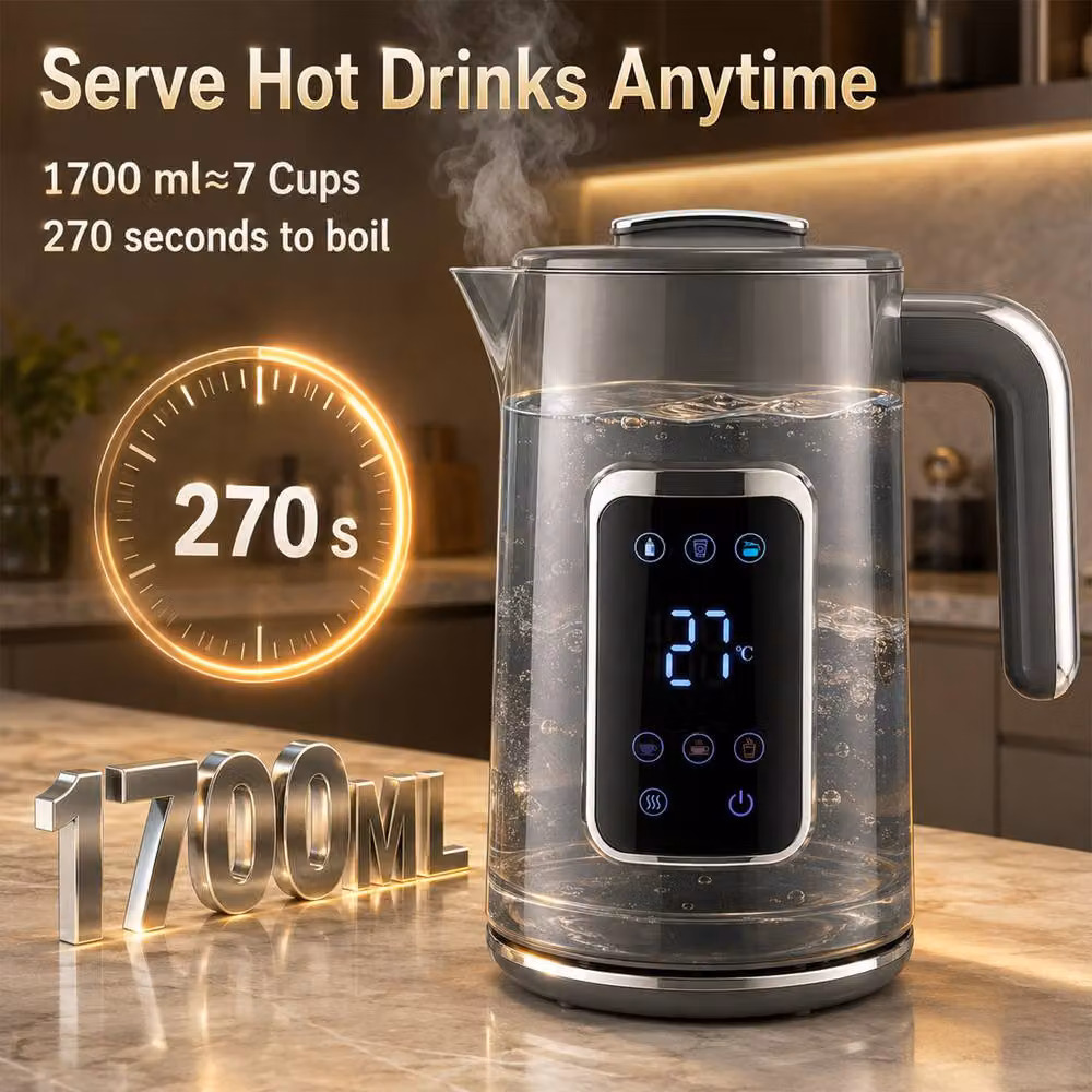 HOMCOM 1.7 l Fast Boil 3000W Electric Kettle with LED Touch Display and Keep Warm Function, Grey – 3