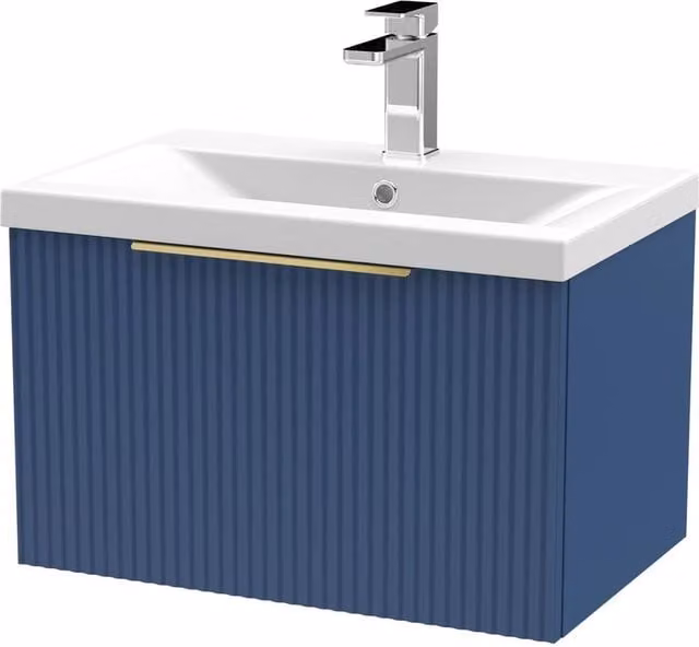 Balterley Fluted Front Wall Hung 1 Drawer Vanity Basin Unit, Satin Blue, Width: 60 cm – 1