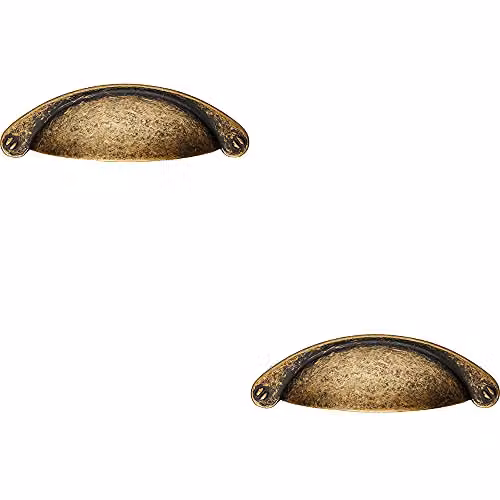 Loops 2 Pack Traditional Shell Cup Pull Handles in Antique Brass, W: 10.4 cm, H: 2.6 cm, Fixing Centres: 6.4 cm