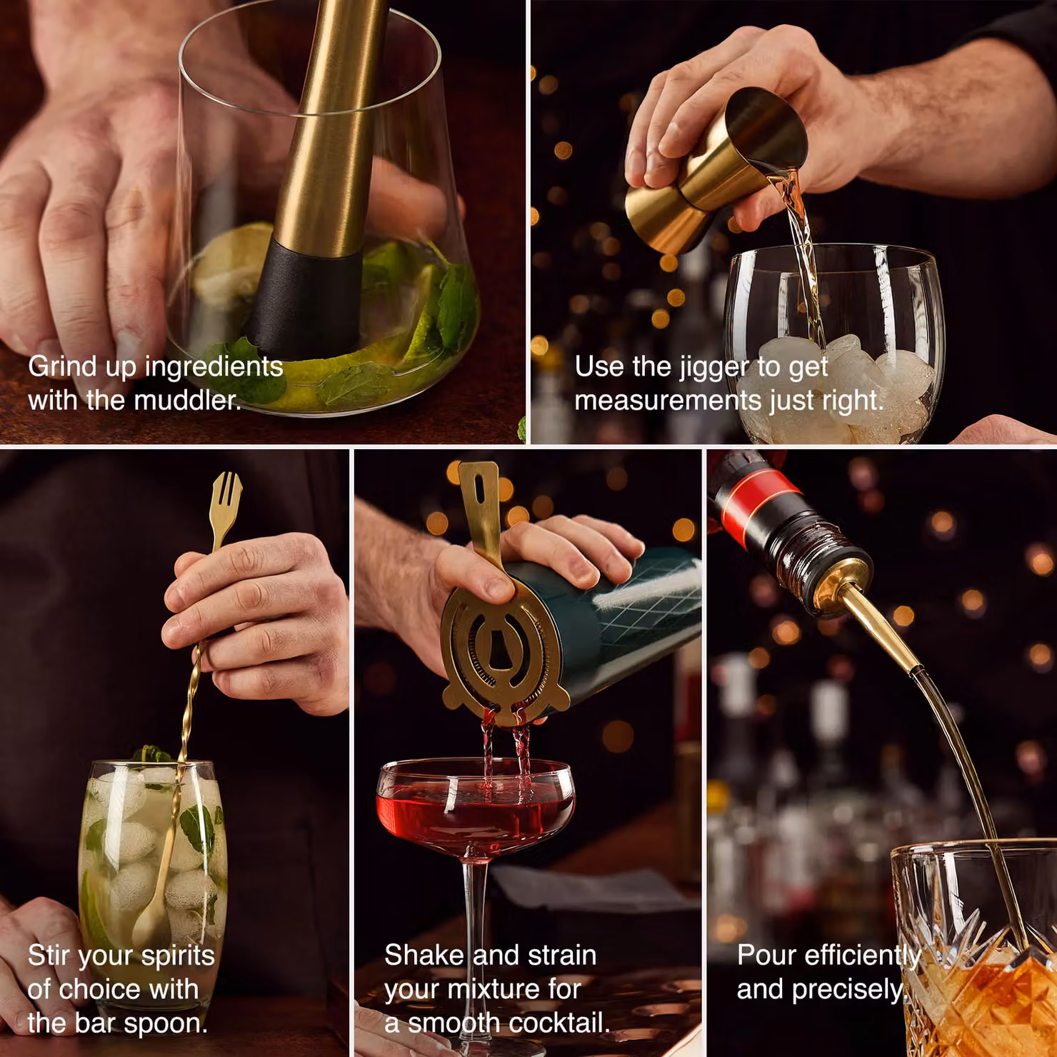 VonShef 6-Piece Gold and Green Stainless Steel Cocktail Shaker Set – 4