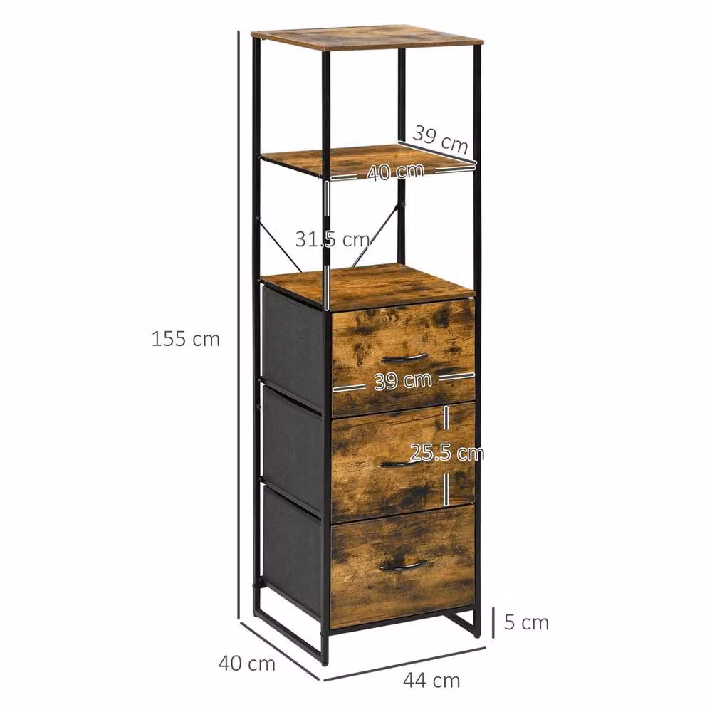 NESTLUNE Industrial Storage Cabinet with 2 Shelves and 3 Fabric Drawers, Brown, W: 100 cm, D: 15 cm – 2