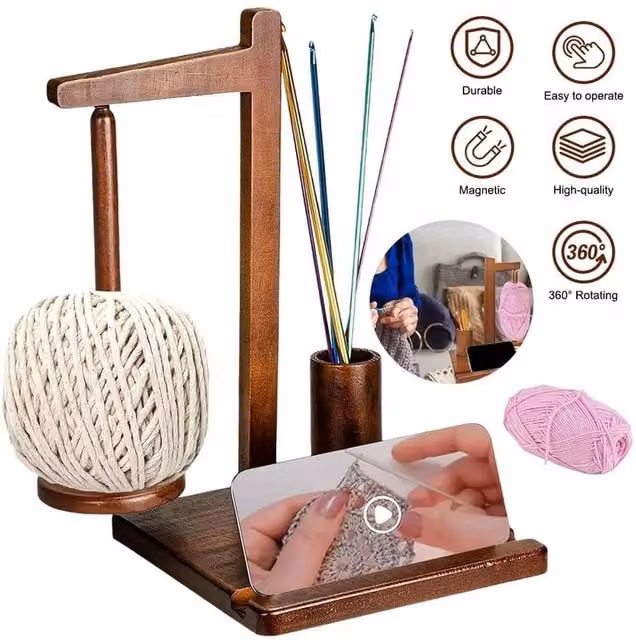 FLAVORA Brown Wooden Multi-Functional Rotating Yarn Holder and Phone Stand, W: 50.0 cm x H: 19.0 cm – 1