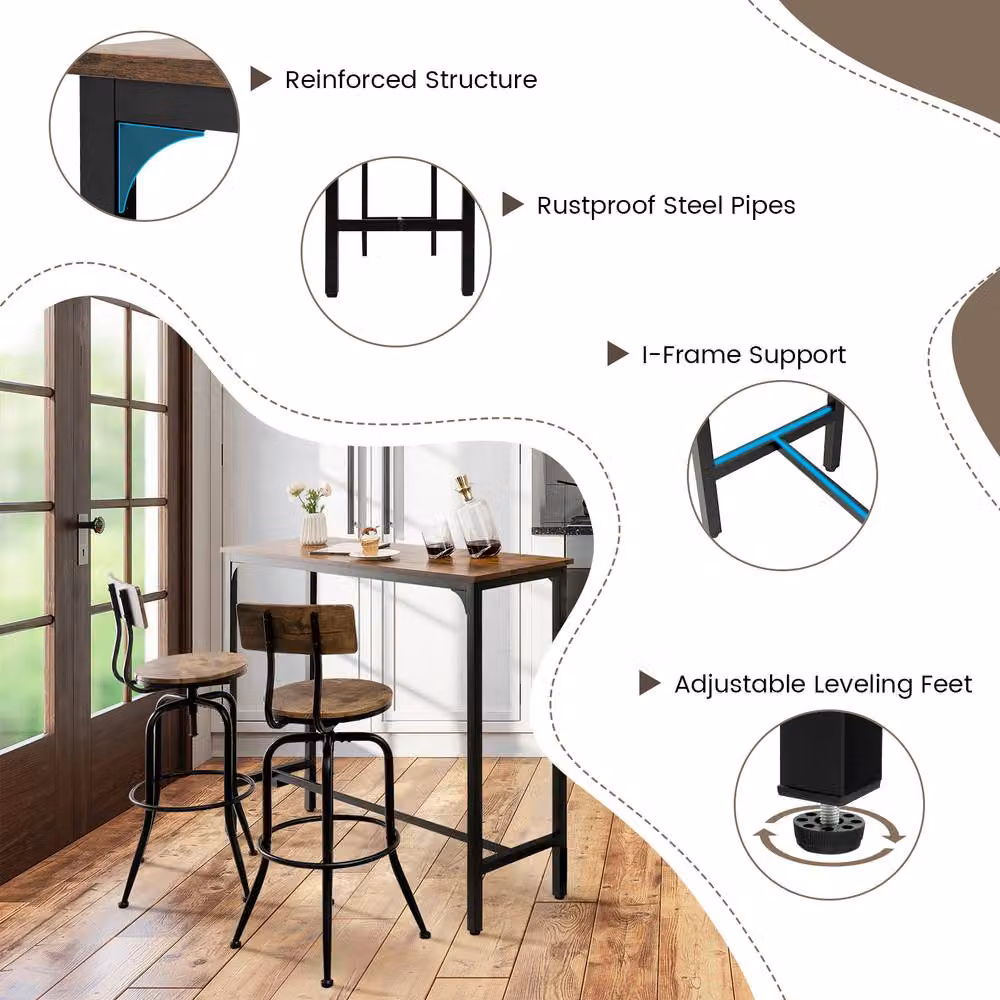 Costway Brown Industrial Bar Table with Footrest and Steel Frame, Width: 120 cm – 9