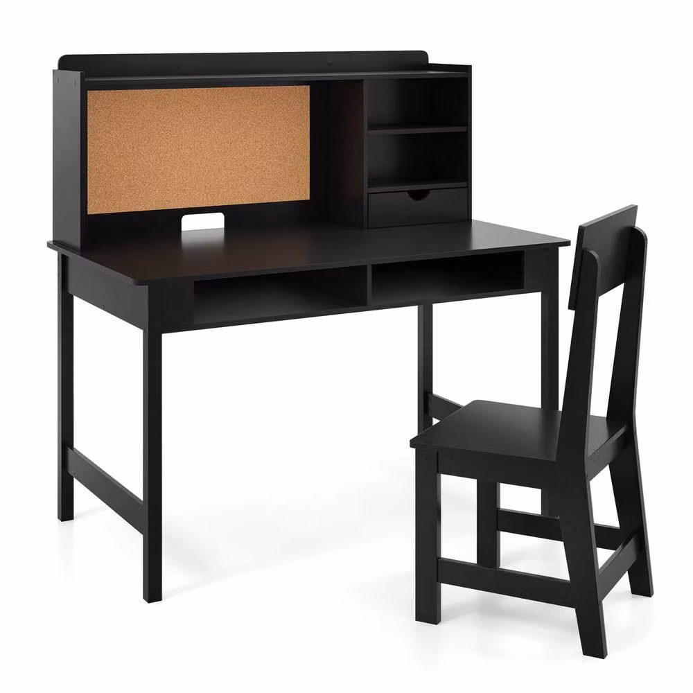 CASART Kids Wooden Study Table and Chair Set with Hutch and Shelves in Black – 5