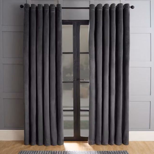 OHS Pair of Matte Velvet Thermal Eyelet Curtains, Anthracite Grey, W: 137 cm, H: 168 cm