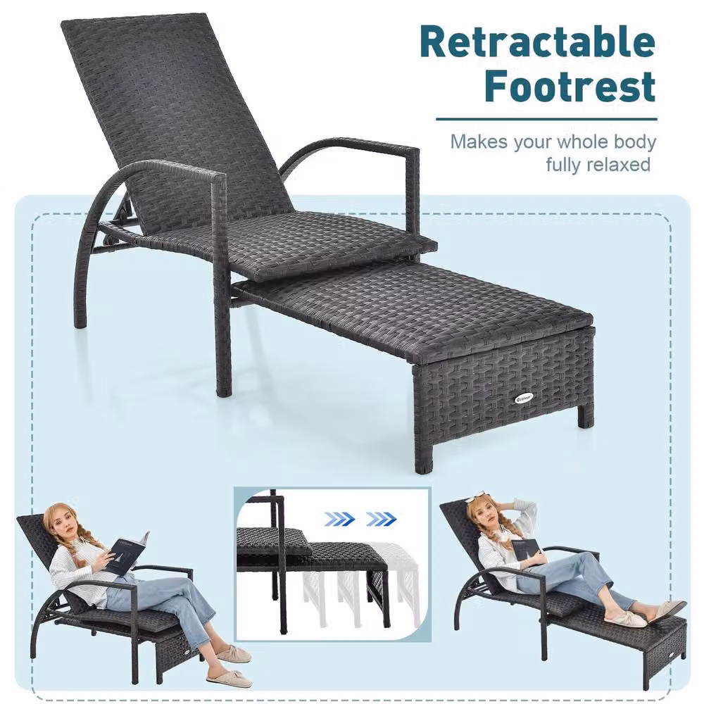 Costway Outdoor Rattan Lounge Chair with 5-Level Adjustable Backrest and Armrests in Dark Brown – 5