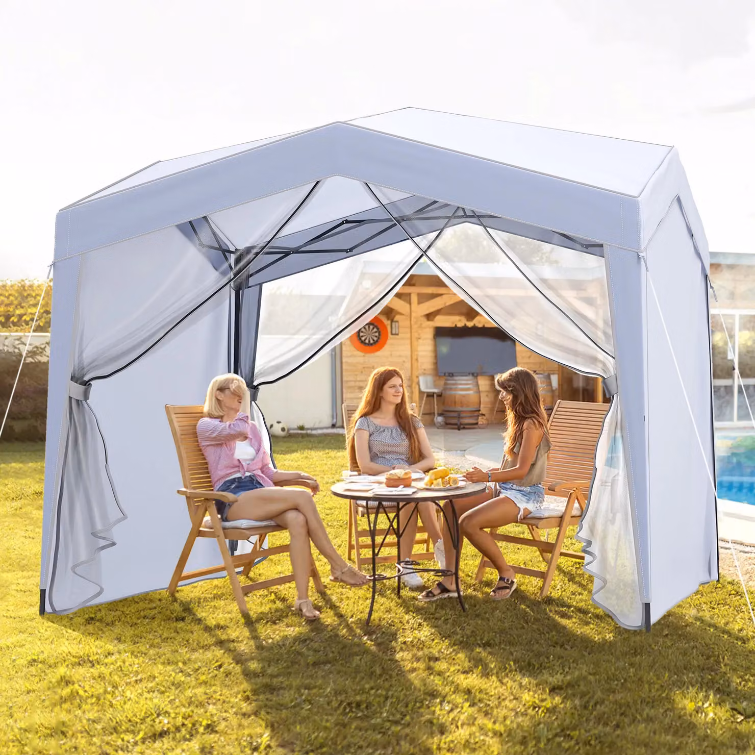 Gymax White Pop Up Canopy Tent Folding Garden Gazebo W: 302 cm, D: 302 cm, H: 265 cm – 3