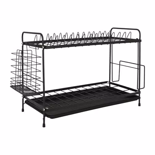 Harbour Housewares 2 Tier Metal Dish Drainer Rack with Drip Tray and Cutlery Holder, Black, W/D/H: 40.0 x 30.0 x 21.0 cm – 1