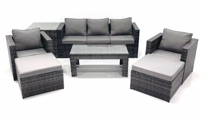 Fimous 7 Seater Rattan Garden Furniture Set in Dark Grey with 3 Seater Sofa, 2 Armchairs, 2 Ottomans, Coffee Table and Side Table