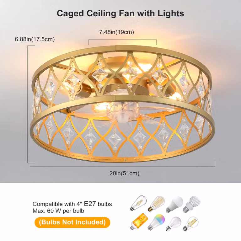 Garwarm Industrial 4-Light Caged Ceiling Fan in Gold/Brass with Transparent Glass Shades